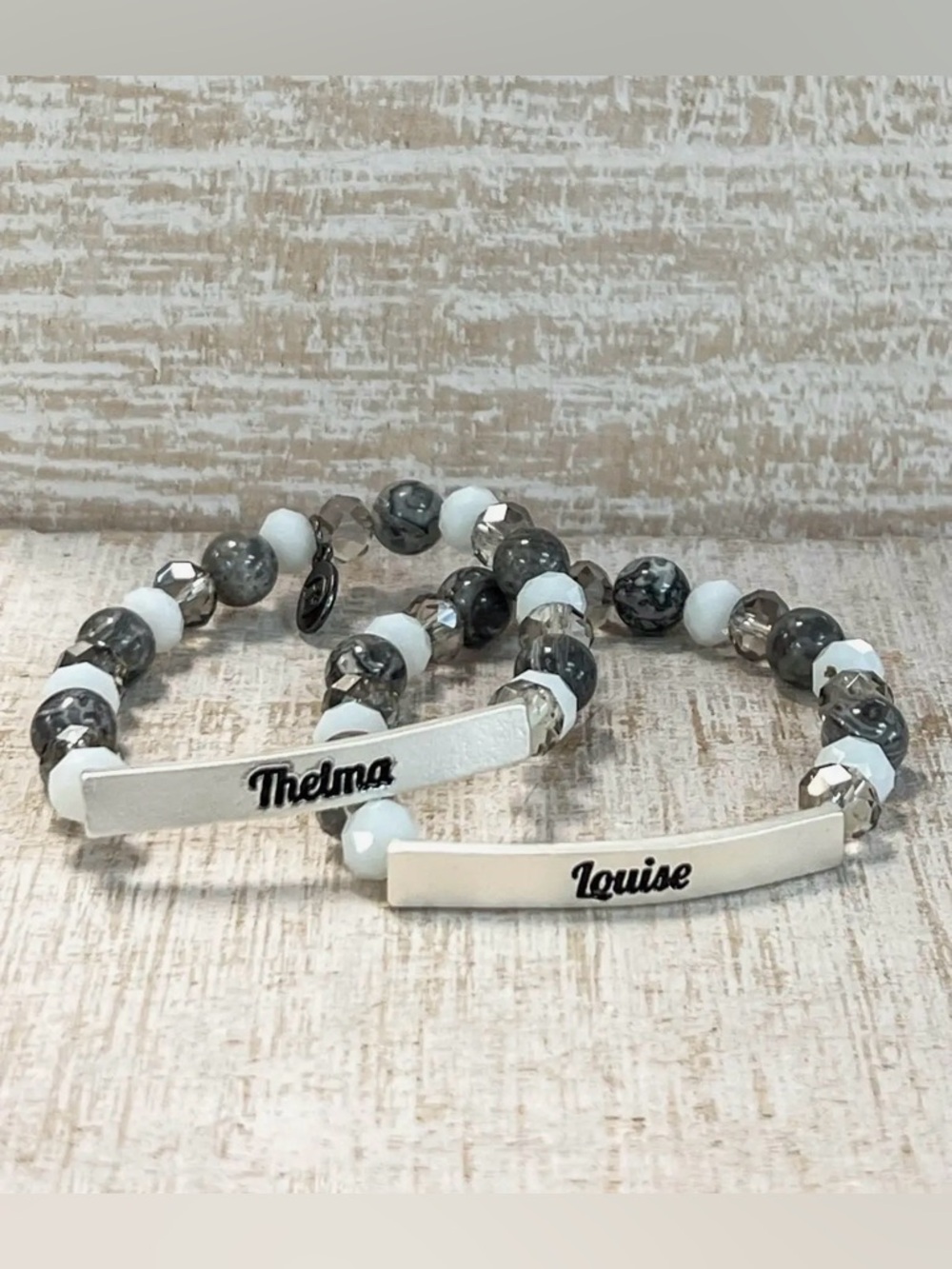 Thelma and Louise Grey and White Beaded BFF Friends Bracelet Set